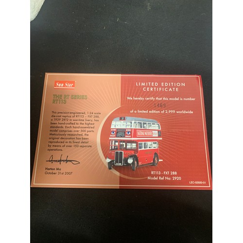 613 - Boxed Sun Star London Bus RT113. With Certificate, no mirrors present.