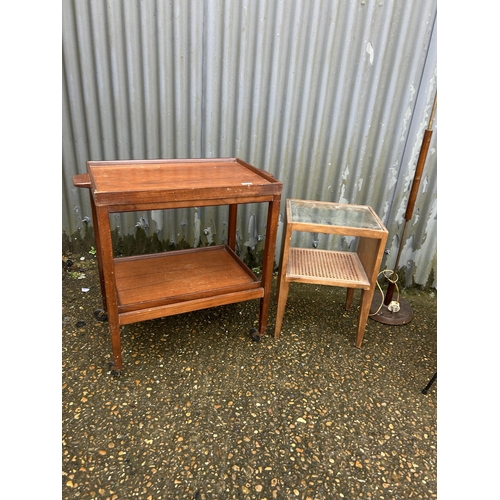 121 - A teak tea trolley, teak bedside, retro chair and lamp