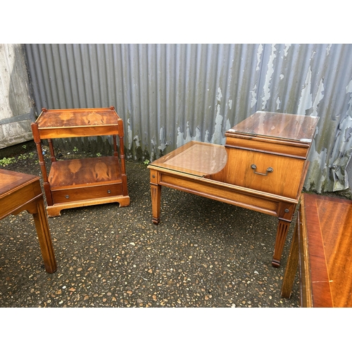 143 - A pair of repro lamp tables, telephone seat and yew side table