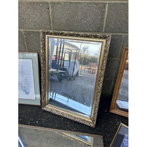 175 - A collection of three mirrors and two pictures including large gold gilt mirror