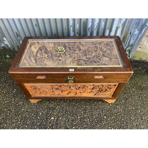 195 - A large oriental carved camphor wood blanket box chest 105x52 x50