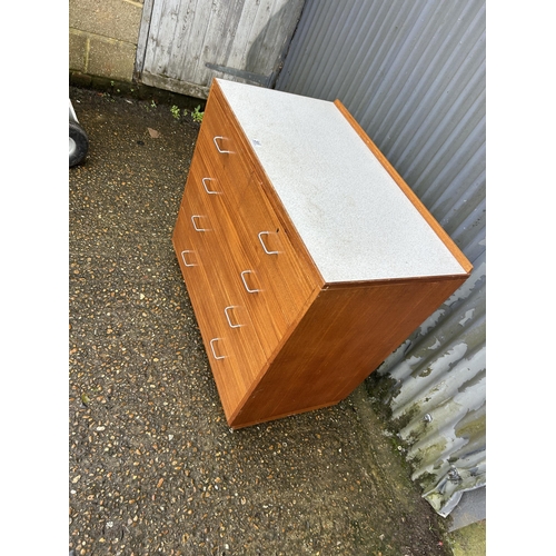 201 - A retro teak chest of five drawers marked with military purpose stamp 92x52 x88