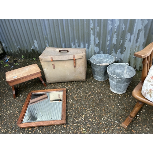 295 - Oak rocker chair, two galvanised buckets, oak mirror, tool and case