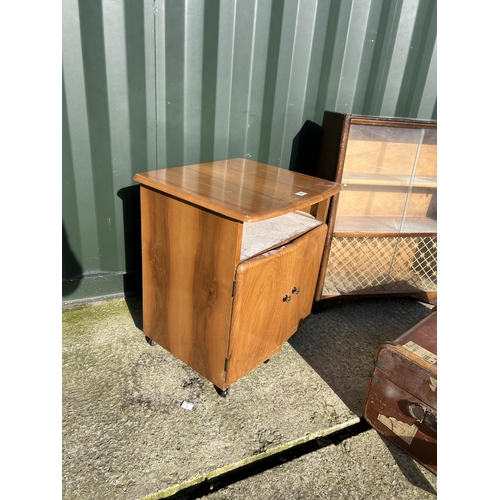 309 - A deco style record cabinet, oak cabinet, vintage trunk and jardiniere on stand