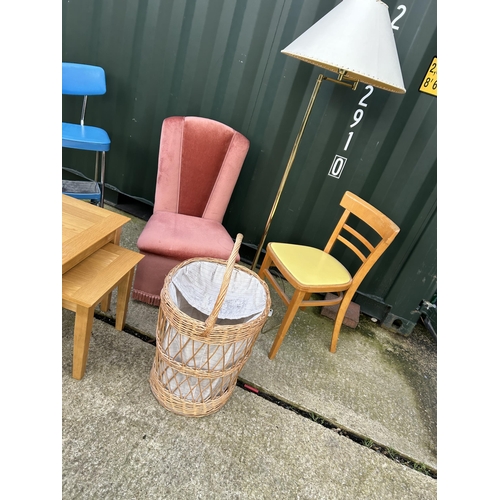 321 - A light oak nest of two, lamp, pink chair, stool step, kitchen chair and basket