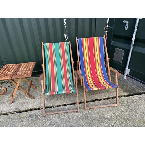 322 - Vintage sledge, two folding deck chairs, wine rack, mannequin and folding table