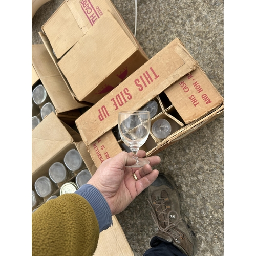 327 - Three trays of Kilner jars, crate of glassware and two boxes of vintage drinking glasses