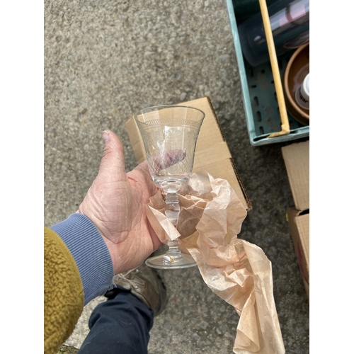 327 - Three trays of Kilner jars, crate of glassware and two boxes of vintage drinking glasses