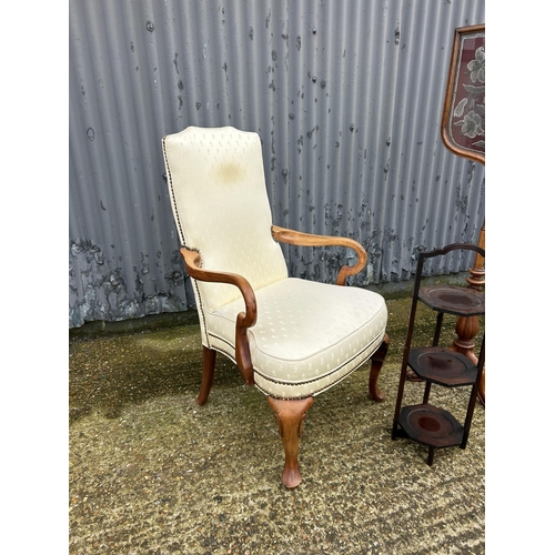 34 - A Queen Anne style chair together with a tapestry pole screen and a folding cake stand