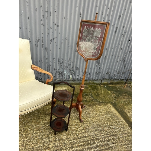 34 - A Queen Anne style chair together with a tapestry pole screen and a folding cake stand