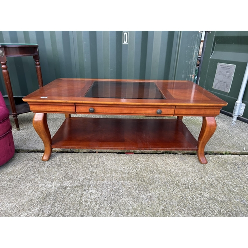 340 - A large modern coffee table together with a hall table and a red bedroom chair