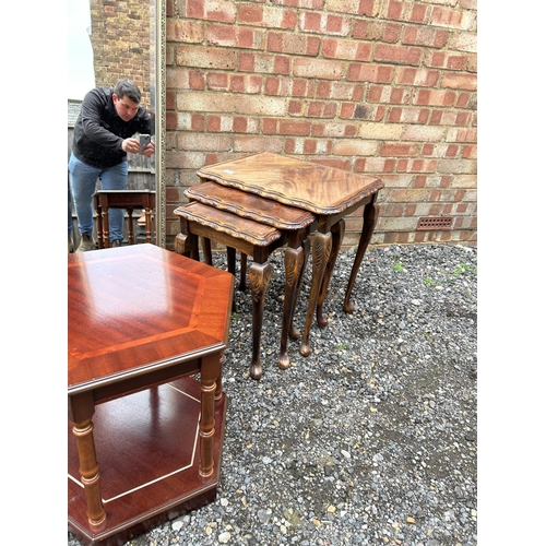 367 - Two repro coffee tables, gold framed mirror and walnut nest of three