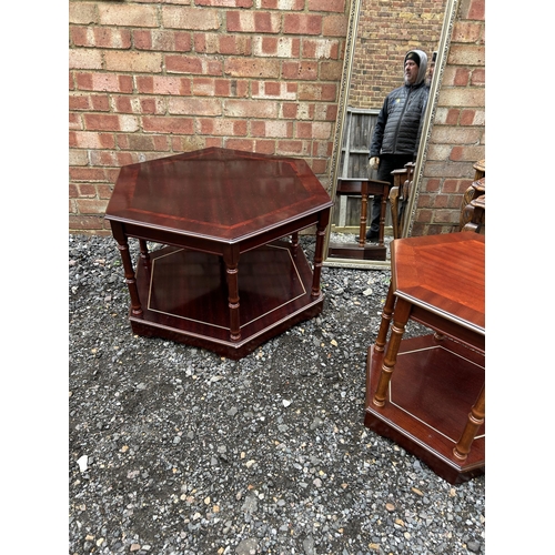 367 - Two repro coffee tables, gold framed mirror and walnut nest of three