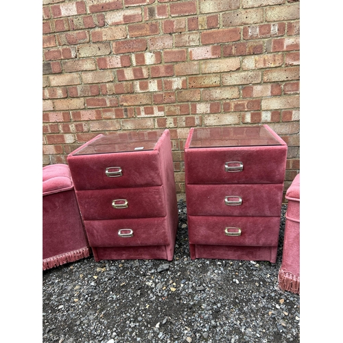 381 - A retro pink dralon covered pair of bedsides together with matching ottoman and linen box