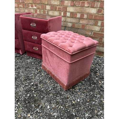 381 - A retro pink dralon covered pair of bedsides together with matching ottoman and linen box