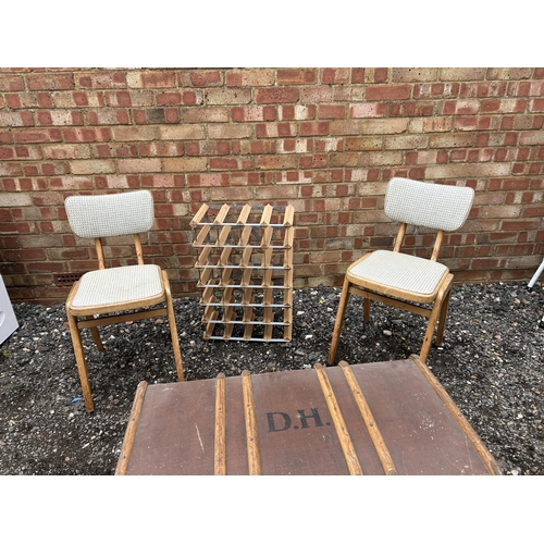 388 - Vintage trunk, two kitchen chairs and a wine rack