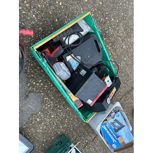 422 - Three flood lights, jump start pack and three crates tools