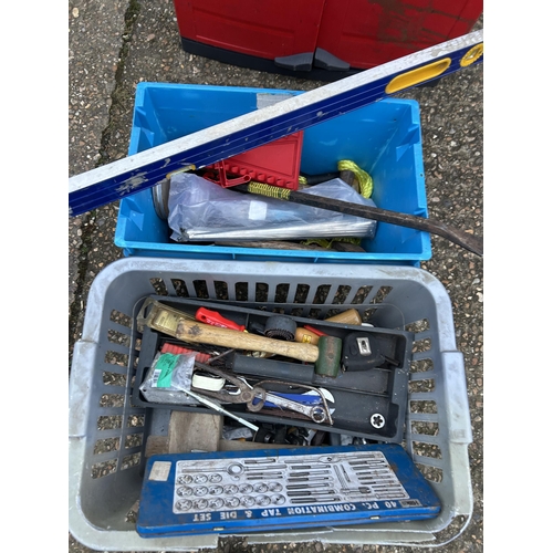 424 - Plastic garage cupboard and two baskets tools