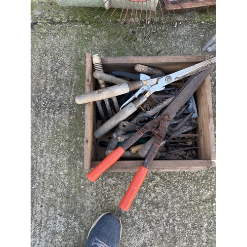 550g - Garden hand tools, tray of tools and workmate