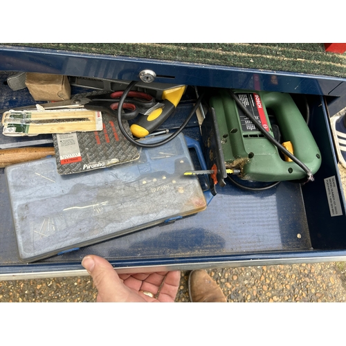 70 - A large trolley tool case, loaded with sundry tools, pliers, jigsaw etc