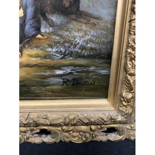 630 - Gilt framed oil on board of children by river, signed R Denton, 42 x 53cms