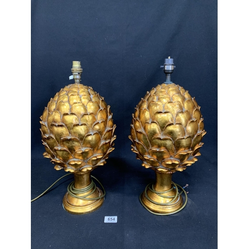 654 - Pair of gilt pineapple style table lamps, height 48cms (no damage)