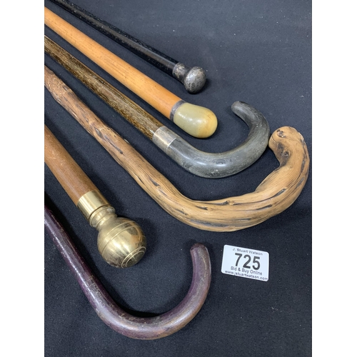 725 - 6 walking sticks, 3 with silver mounts