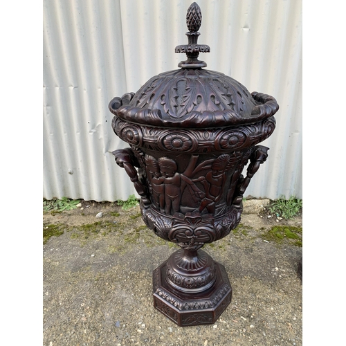 755 - 2 Grand carved wooden carpanular urns and covers, height 90cms, width 43cms