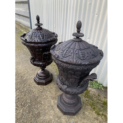 755 - 2 Grand carved wooden carpanular urns and covers, height 90cms, width 43cms