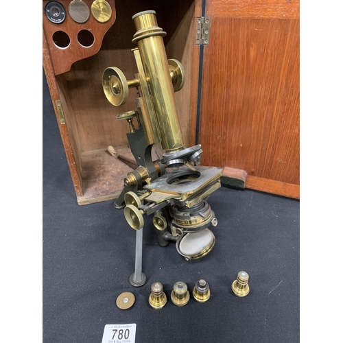 780 - Mahogany cased brass microscope by W Watson & Sons London