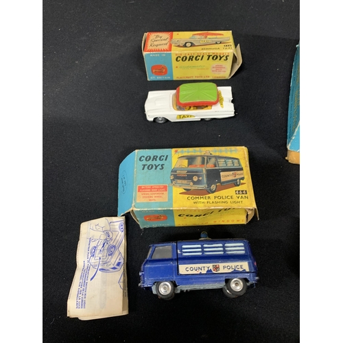 799 - Five boxed Corgi vehicles: 1111 Combine, 464 Police Van, 224 Bentley, 430  Bermuda Taxi, 420 Ford Th... 