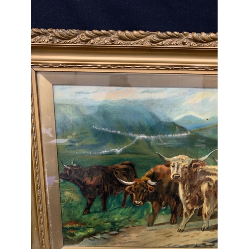 994 - Large gilt framed oil of cattle, a/f to canvas and frame, 106 x 67 cms