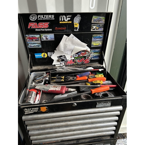 489 - Halfords Industrial two section workshop cabinet full of tools, fittings and consumables