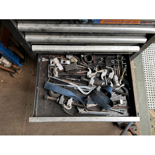 489 - Halfords Industrial two section workshop cabinet full of tools, fittings and consumables