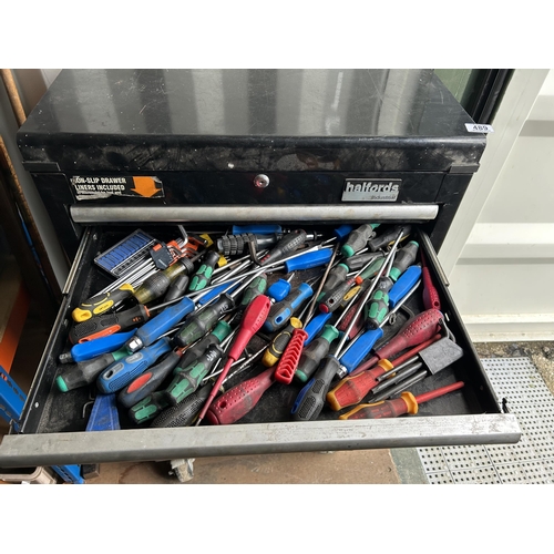 489 - Halfords Industrial two section workshop cabinet full of tools, fittings and consumables