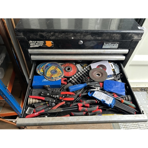 489 - Halfords Industrial two section workshop cabinet full of tools, fittings and consumables