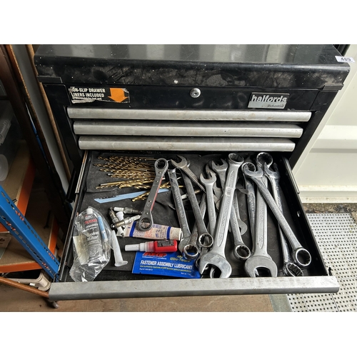 489 - Halfords Industrial two section workshop cabinet full of tools, fittings and consumables