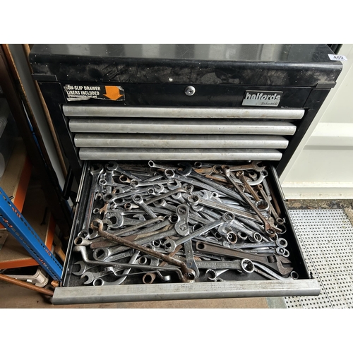 489 - Halfords Industrial two section workshop cabinet full of tools, fittings and consumables