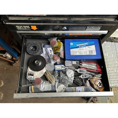 489 - Halfords Industrial two section workshop cabinet full of tools, fittings and consumables