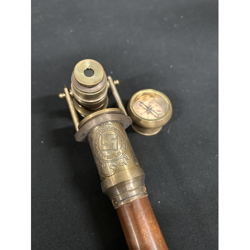 845 - A reproduction German Brass Compass and Telescope Top Walking Stick