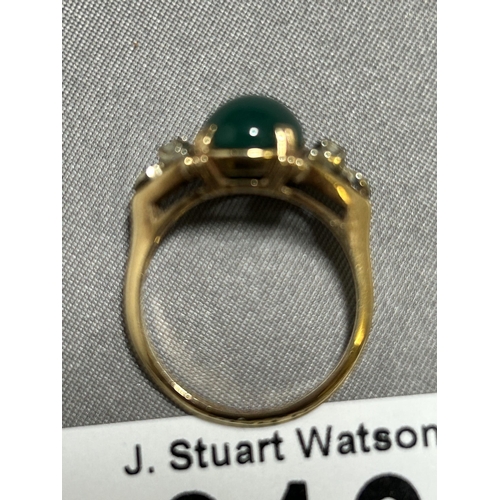 916 - Rose Gold Green Jade and Diamond Ring, size N, marked 14-18k, gross weight 3.7 gms, with box