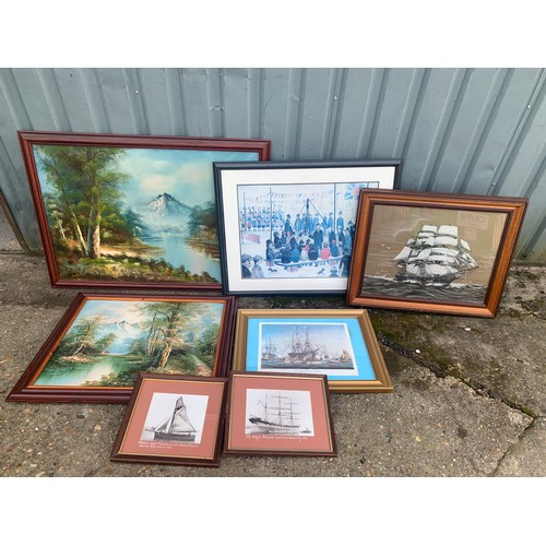 1039 - Seven pictures including two Oils, Lowry print, pastel of Sailing Ship and 3 other shipping prints