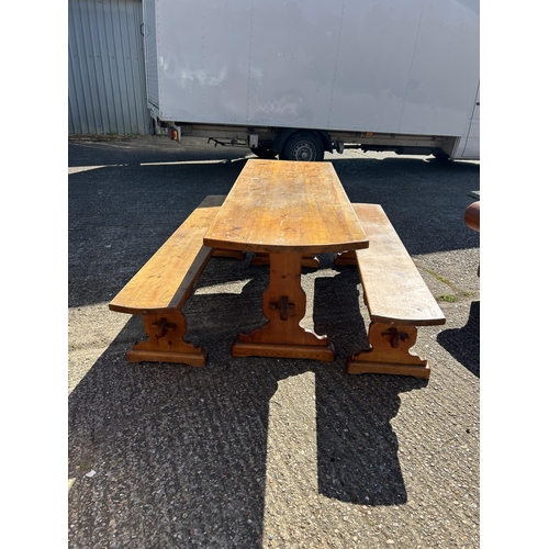 32 - A large pine refectory style dining table 185x65 together with pair of bench seats