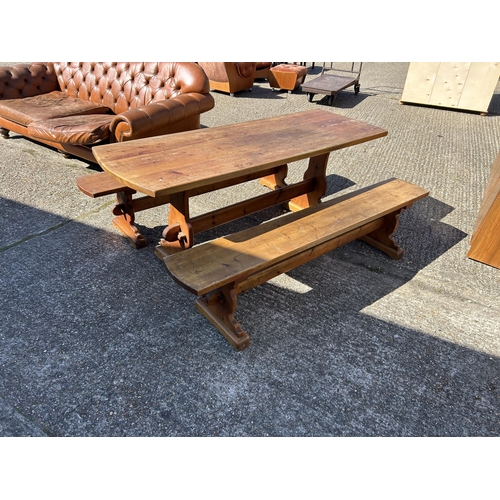 32 - A large pine refectory style dining table 185x65 together with pair of bench seats