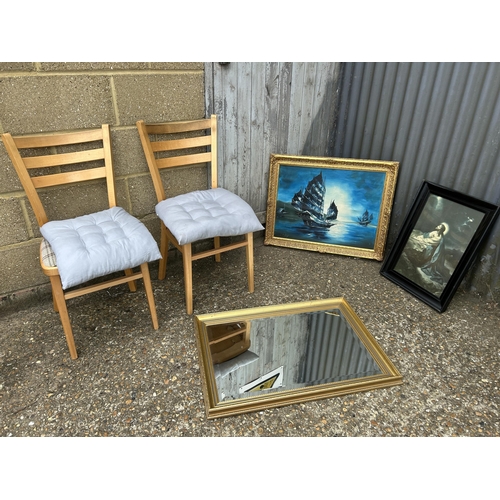 102 - Pair of kitchen chairs, ship picture and two oils