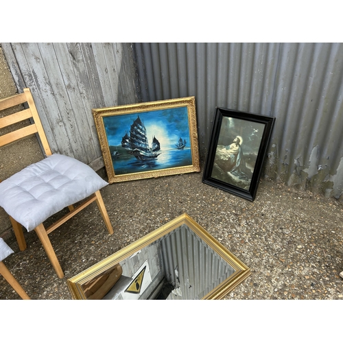 102 - Pair of kitchen chairs, ship picture and two oils