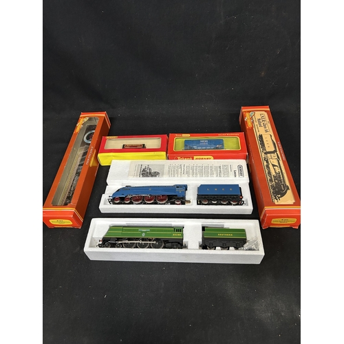 Two Hornby Locos R374 Spitfire and R077 Mallard plus two trucks boxed