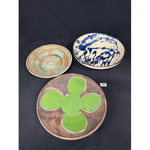 3 Studio pottery dishes, 2 signed D T Sharp, Rye England, green ...