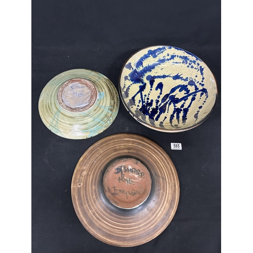 3 Studio pottery dishes, 2 signed D T Sharp, Rye England, green ...
