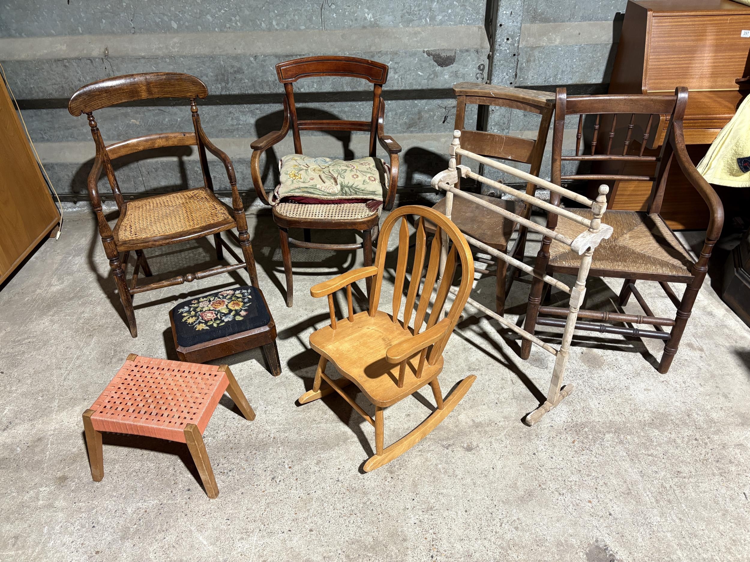 Three carver chairs, children's rocker chair, two stools, chapel chair ...